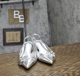 INC International Concepts Slingback Pumps Kitten Heel Silver Crinkle Gray 7.5M