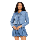 Future Collective Collar Long Sleeve Tie-Front Denim Blouse Medium Wash Blue M