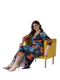 24seven Comfort Apparel 3/4 Sleeves Side Slit Maxi Dress Black Multi Print 3X