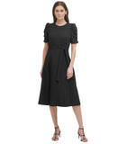 DKNY Women's Puff Sleeve Round Neck Tie Waist Solid Midi Dress Black 12