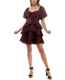 Crystal Doll Sweetheart-Neck Puffed Sleeve Fit Flare Dress Merlot Red 2XS