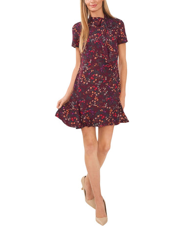 Cece Womens Printed Godet Bow Neck Dress 7052957 Wine Purple 8