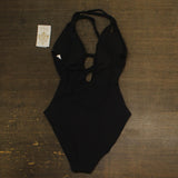 Becca Womens Modern Edge Textured Plunging Neck One Piece Swimsuit Black M