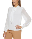 Calvin Klein Mock Neck Bow Tie Front Ruffled Cuffs Blouse Top Cream Off White XL