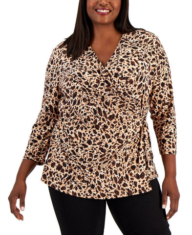 Anne Klein Womens Plus Size Cheetah-Print Faux-Wrap Top 10842003
