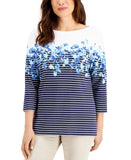 Karen Scott Womens Petite Floral-Print Striped Top 100109916PT Blue Multi PP