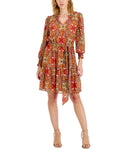 Inc International Concepts Printed Blouson-Sleeve Dress Arabesque Combo Orange 2