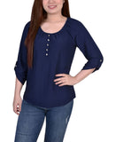 NY Collection Womens Textured 3/4 Sleeve Honeycomb Henley Top Dark Blue M