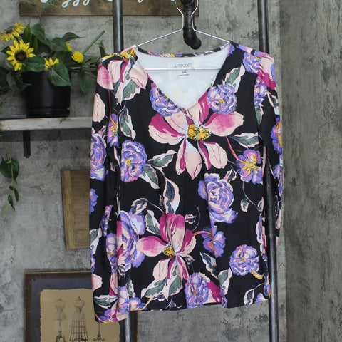 Attitudes by Renee Womens Knit Print V-Neck Shirt Top A702854 Black Floral 2XS