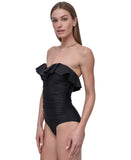 DKNY Womens Ruffle-Bandeau-Neck Tummy Control One Piece Swimsuit Black XL