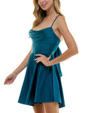 City Studios Juniors Draped Sleeveless Satin Fit Flare Dress Teal Blue Green 7/8