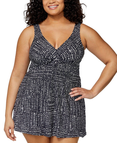 Island Escape Size Magnolia Twist-Front Swim Dress One Piece Black Multi 16W