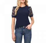 Cece Womens Scattered Daisy Puff Sleeve Knit Shirt 7021663 Navy Blue M