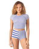 Roxy Womens Crop Top Short Sleeve Rashguard 434005169 Bijou Blue Multi L
