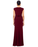 Betsy & Adam Petite Cap Sleeve Gathered Draped Slit Gown Dress Bordeaux Red 8P