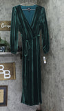 MSK Womens Belted Velvet Long Sleeve V Neck Stretch Dress Emerald Green S