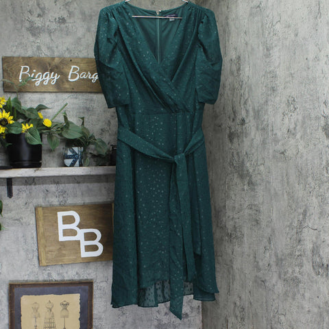 Tommy Hilfiger Self Tie Puff Sleeve Clip Dot Chiffon Midi Dress Spruce Green 14