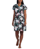 Miss Elaine Womens Short-Sleeve Floral Snap Front Nightgown Seaside Black S