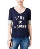Rebellious One Juniors Girl Power Graphic T-Shirt Tee Navy / Gray M