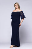 Xscape Plus Size Long Illusion Sleeve Off The Shoulder Dress Navy Blue 20W