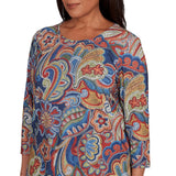 Alfred Dunner Stitched Pleated Neck Paisley Floral Top 16254WS Blue Multi 1X