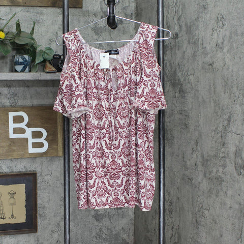 Star Vixen Cold Shoulder Tie Neck Keyhole Peasant Top Blouse Burgundy 2XL