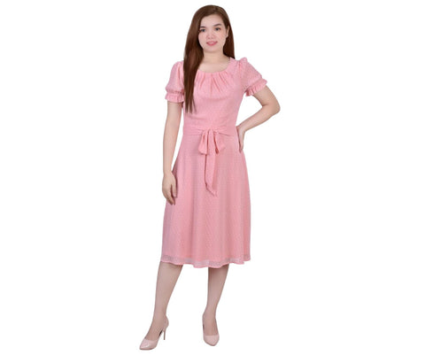 Ny Collection Short Sleeve Belted Swiss Dot Dress Belted Mellow Rose Pink PM