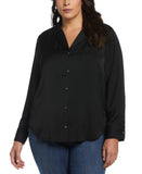 Rafaella Plus Size Notch Collar Satin Long Sleeve Button-Down Blouse Black 1X