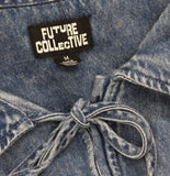 Future Collective Collar Long Sleeve Tie-Front Denim Blouse Medium Wash Blue M