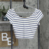 Charlotte Russe Womens Knit Cropped Low Back Shirt Top Ivory Blue Striped L