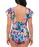 Swim Solutions Neck Garden Dreams Flutter One-Piece Swimsuit Navy Blue Multi 12