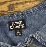 Future Collective Collar Long Sleeve Tie-Front Denim Blouse Medium Wash Blue M