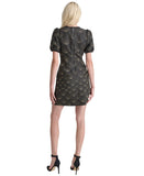 DKNY Womens Petite Puffed-Sleeve Brocade-Texture Mini Dress Black / Gold 6P