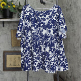 Emery Rose Woven Babydoll Short Sleeve Plus Blouse Shirt Blue White Floral 3XL
