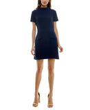 B. Darlin Short Sleeve Mockneck Fit Flare Faux Pocket Mini Dress Navy Blue 13/14
