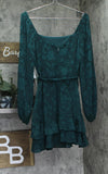 Trixxi Tie Waist Ruffled Jacquard Fit Flare Sheer Sleeved Dress Hunter Green L