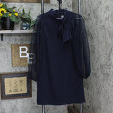 Vince Camuto Womens Bow Neck Shift Dress with Flock Mesh Dot Sleeves Navy Blue 4