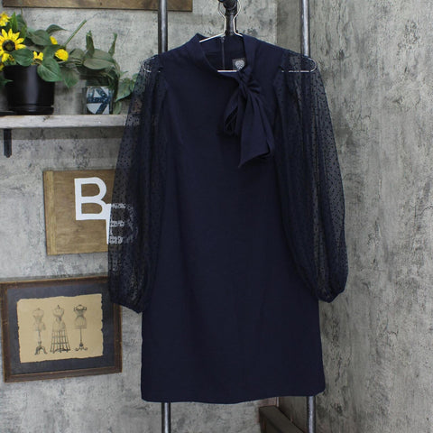 Vince Camuto Womens Bow Neck Shift Dress with Flock Mesh Dot Sleeves Navy Blue 4