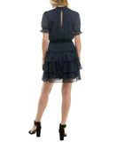 Crystal Doll Printed-Chiffon Short Sleeve Fit Flare Dress Navy Blue / White S