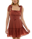 Trixxi Juniors Square-Neck Tie-Strap Fit Flare Mini Dress Brown Orange S