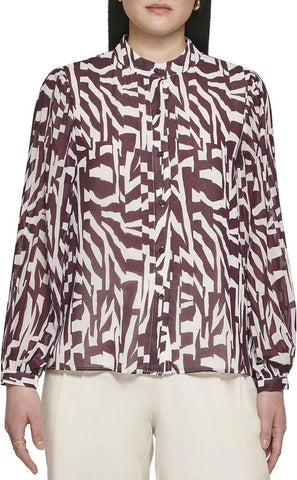 Calvin Klein Womens Printed Pleat Sleeve Long Sleeve Button Up Shirt M2FAZ589