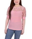 Ny Collection Puff Sleeve Keyhole Neckline Jersey Knit Blouse Mellow Rose Pink S