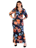 24seven Comfort Apparel 3/4 Sleeves Side Slit Maxi Dress Black Multi Print 3X