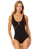 Anne Cole Womens U-Ring Mesh-Inset One-Piece Swimsuit 25MO08601 Black 14