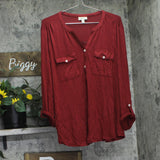 Style & Co. Knit Button Up Roll Tab Shirt Red 2X