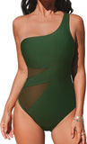 Cupshe Womens One Piece Cutout Mesh Asymmetrical Back Strap Swimsuit Green S