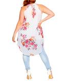 City Chic Hi-Low Sleeveless Pleated Tunic Top Ivory Floral Crush White 18W