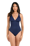 La Blanca Island Goddess Cross Back One Piece Swimsuit Indigo Blue 12