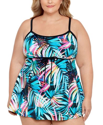 Swim Solutions Tummy Control Empire Swimdress One Piece Fiesta Fronds Blue 22W