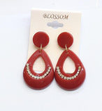 Blossom Boho Hollow Teardrop Hoop Dangle Post Earrings Red 2.25"